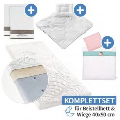Alvi 7-tlg. Komplett-Set für Beistellbett & Wiege 90x40 cm / Matratze + Spannbetttücher + Steppbett-Set + Bettwäsche - Bär Bruno - Weiß