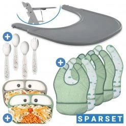 Hauck 12-tlg. Esslern-Set für Alpha Plus - Essbrett Click Tray + 2x Teller + 2x Besteck + 5x Klettlätzchen - Grau Salbei