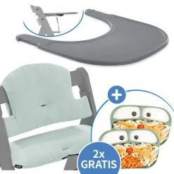 Hauck 5-tlg. Essbrett-Set für Alpha Plus - Click Tray + Sitzkissen + GRATIS 2x Silikon-Teller - Grey Muslin Mint