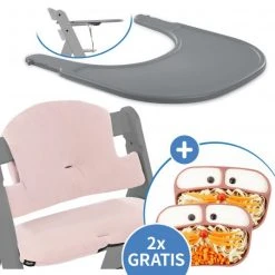 Hauck 5-tlg. Essbrett-Set für Alpha Plus - Click Tray + Sitzkissen + GRATIS 2x Silikon-Teller - Grey Muslin Rose