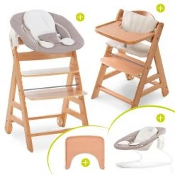 Hauck Alpha Move Natur Newborn Set - 5-tlg. Hochstuhl + Aufsatz & Wippe, Essbrett, Sitzkissen - Stretch Beige