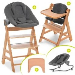 Hauck Alpha Move Natur Newborn Set - 5-tlg. Hochstuhl + Aufsatz & Wippe Premium, Essbrett, Sitzkissen - Jersey Charcoal