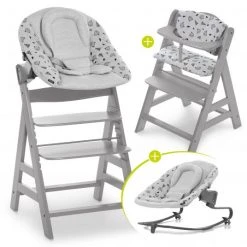 Hauck Alpha Plus Grau Newborn Set - 4-tlg. Hochstuhl + Aufsatz & Wippe Premium Nordic Grey + Sitzpolster