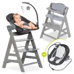Hauck Alpha Plus Grau Newborn Set Deluxe - 4-tlg. Hochstuhl + Neugeborenenaufsatz Grey (Rückenlehne verstellbar) + Sitzkissen