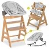 Hauck Alpha Plus Natur Newborn Set - 4-tlg. Hochstuhl + Aufsatz & Wippe Premium Nordic Grey + Sitzpolster