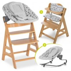 Hauck Alpha Plus Natur Newborn Set - 4-tlg. Hochstuhl + Aufsatz & Wippe Premium Nordic Grey + Sitzpolster