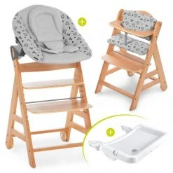 Hauck Alpha Plus Natur XL Newborn Set - Hochstuhl + 2in1 Aufsatz + Alpha Tray Essbrett + Sitzauflage - Nordic Grey