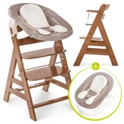 Hauck Alpha Plus Walnut Newborn Set - 3-tlg. Hochstuhl + Neugeboreneneinsatz & Wippe Stretch Beige