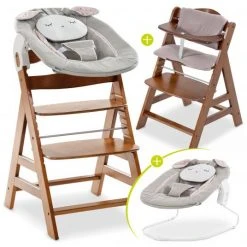 Hauck Alpha Plus Walnut Newborn Set Powder Bunny - 4-tlg. Hochstuhl + Neugeborenenaufsatz + Sitzkissen Beige