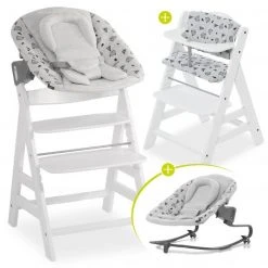 Hauck Alpha Plus White Newborn Set - 4-tlg. Hochstuhl + Aufsatz & Wippe Premium Nordic Grey + Sitzpolster