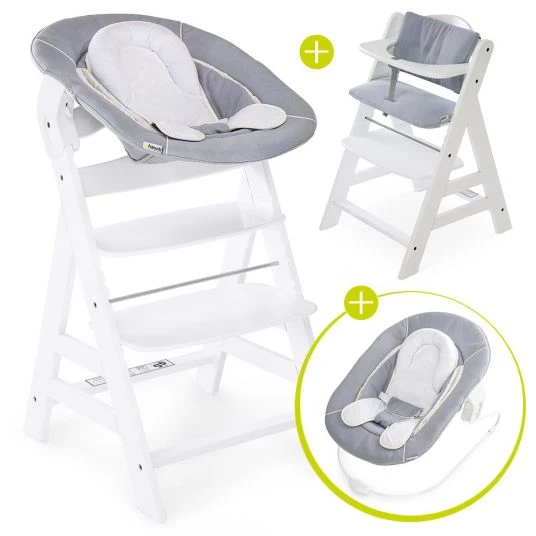 Hauck Alpha Plus White Newborn Set - 4-tlg. Hochstuhl + Neugeborenenaufsatz & Wippe Stretch Grey + Sitzkissen 1 Hauck Alpha Plus White Newborn Set - 4-tlg. Hochstuhl + Neugeborenenaufsatz & Wippe Stretch Grey + Sitzkissen