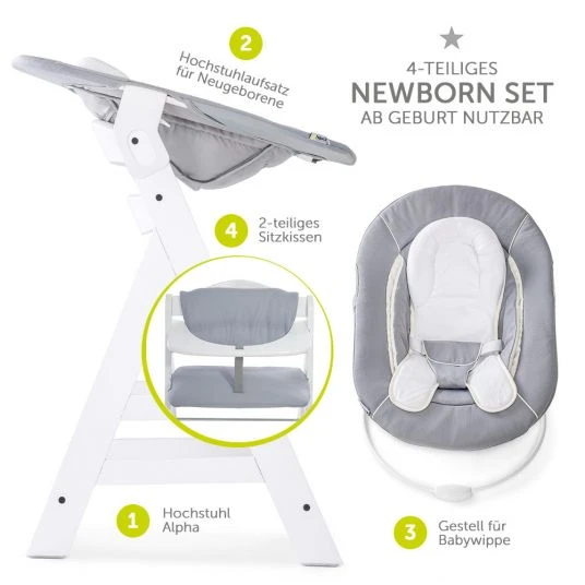 Hauck Alpha Plus White Newborn Set - 4-tlg. Hochstuhl + Neugeborenenaufsatz & Wippe Stretch Grey + Sitzkissen 2 Hauck Alpha Plus White Newborn Set - 4-tlg. Hochstuhl + Neugeborenenaufsatz & Wippe Stretch Grey + Sitzkissen – Bild 2