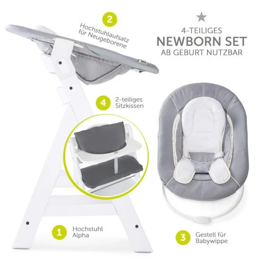 Hauck Alpha Plus White Newborn Set - 4-tlg. Hochstuhl + Neugeboreneneinsatz & Wippe Stretch Grey + Sitzpolster 2 Hauck Alpha Plus White Newborn Set - 4-tlg. Hochstuhl + Neugeboreneneinsatz & Wippe Stretch Grey + Sitzpolster – Bild 2