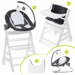 Hauck Beta Plus White Newborn Set - 5-tlg. Hochstuhl + Aufsatz & Wippe Deluxe, Essbrett, Sitzkissen - Melange Grey
