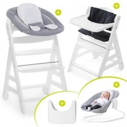 Hauck Beta Plus White Newborn Set - 5-tlg. Hochstuhl + Aufsatz & Wippe, Essbrett, Sitzkissen - Stretch Grey