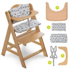 Hauck Hochstuhl Alpha Natur - im Sparset inkl. Holz-Essbrett und Sitzkissen Nordic Grey