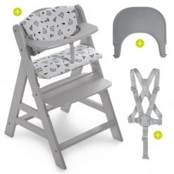 Hauck Hochstuhl Alpha Plus Grau - im Sparset inkl. Essbrett Click Tray + Sitzkissen Nordic Grey