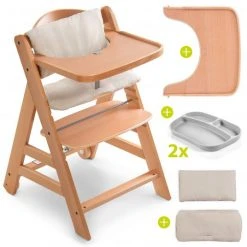 Hauck Hochstuhl Alpha Plus Move Natur - im Sparset inkl. Essbrett, Sitzkissen Deluxe Beige und 2x Silikonteller