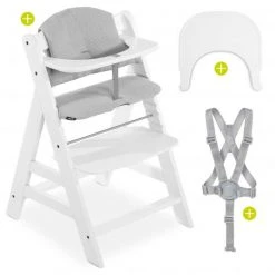 Hauck Hochstuhl Alpha Plus Weiss - im Sparset inkl. Essbrett Click Tray und Sitzkissen Waffle Pique Grey