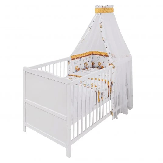Jonka Babybett-Komplett-Set Mona inkl. Bettwäsche, Himmel, Nestchen & Matratze 70 x 140 cm - Honigbär - Weiß 2 Jonka Babybett-Komplett-Set Mona inkl. Bettwäsche, Himmel, Nestchen & Matratze 70 x 140 cm - Honigbär - Weiß – Bild 2