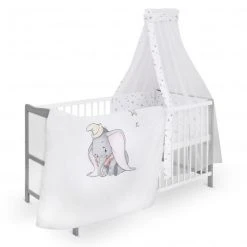 Jonka Babybett-Komplett-Set Moritz inkl. Bettwäsche, Himmel, Nestchen & Matratze 70x140 cm - BW Dumbo - Weiß Grau