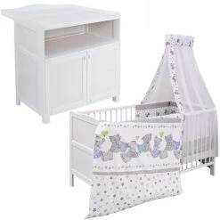 Jonka Kinderzimmer Sparset Mona mit Bett, Wickelkommode, Bettwäsche, Himmel,Nestchen, Matratze 70x140 cm - Kuschelbären - Weiß - Kollektion 2022