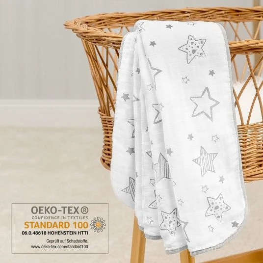 Makian Kuscheldecke Mull 4-lagig 120 x 120 cm - Crazy Stars - Grau Weiß 4 Makian Kuscheldecke Mull 4-lagig 120 x 120 cm - Crazy Stars - Grau Weiß – Bild 4