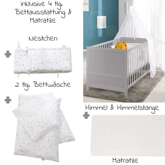 Roba Babybett-Komplett-Set Taupe - inkl. Bettwäsche, Himmel, Nestchen & Matratze 70 x 140 cm - Sternenzauber Grau 4 Roba Babybett-Komplett-Set Taupe - inkl. Bettwäsche, Himmel, Nestchen & Matratze 70 x 140 cm - Sternenzauber Grau – Bild 4