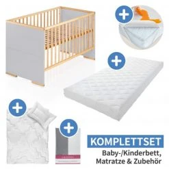 Schardt 7-tlg. Kinderbett Set & Matratze Air Allround, Steppbett 100x135+40x60, 2x Bettlaken, Einlage 70 x 140 cm - Natur Grau