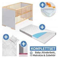 Schardt 7-tlg. Kinderbett Set & Matratze Dr. Lübbe Air, Steppbett 100x135+40x60, 2x Bettlaken, Einlage 70 x 140 cm - Natur Grau