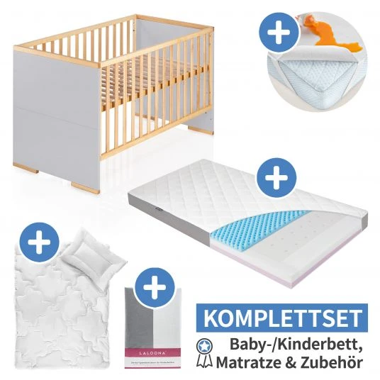 Schardt 7-tlg. Kinderbett Set & Matratze Dr. Lübbe Air, Steppbett 100x135+40x60, 2x Bettlaken, Einlage 70 x 140 cm - Natur Grau 1 Schardt 7-tlg. Kinderbett Set & Matratze Dr. Lübbe Air, Steppbett 100x135+40x60, 2x Bettlaken, Einlage 70 x 140 cm - Natur Grau