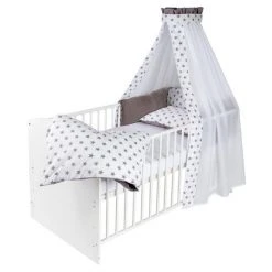 Schardt Baby-Komplettbett-Set Classic-Line inkl. Bettwäsche, Himmel, Nestchen & Matratze Weiß 70 x 140 cm - Big Stars Grey