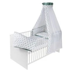 Schardt Baby-Komplettbett-Set Classic-Line inkl. Bettwäsche, Himmel, Nestchen & Matratze Weiß 70 x 140 cm - Big Stars Mint
