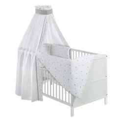 Schardt Baby-Komplettbett-Set Conny inkl. Bettwäsche, Himmel, Nestchen & MatratzeWeiß Kiefer Massiv 70 x 140 cm - Sternchen Grau
